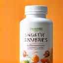 Supplement bottle labeled 'Digestive Enzymes' with an illustration of various food items.