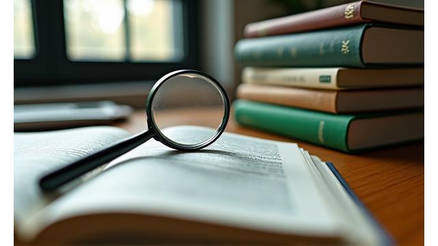 A stack of research papers and a magnifying glass