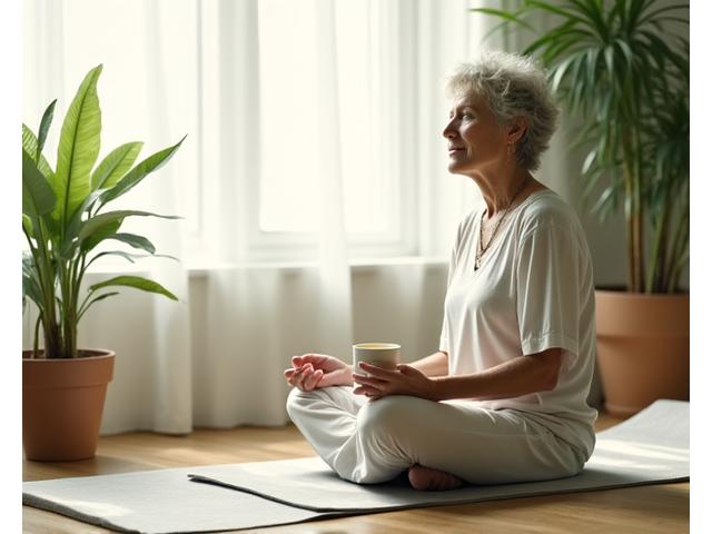 Person meditating peacefully in a home environment with natural light, symbolizing lifestyle assessment
